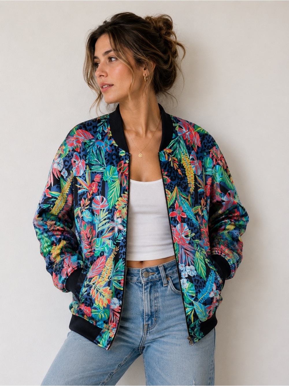 NWT Calvin Klein Performance Tropical Floral & Leopard Print Bomber Jacket L